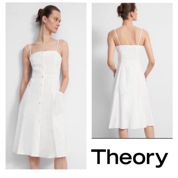 THEORY Kayleigh Good Linen Button Front Linen Blend Midi Dress in White. Size 10 - Picture 3 of 8